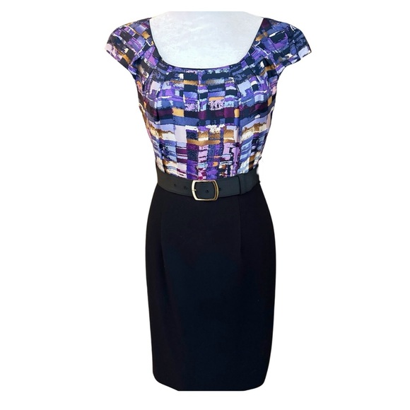 💜Tahari Purple Geometric Silk Cap Sleeve Top Belted Ponte Knit Sheath Dress Sz2 - Picture 1 of 7